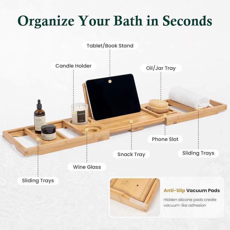 Realgulf Bamboo Bathtub Tray, Bath Caddy with Wine Glass Holder, Phone Dock & Book Stand | Hands-Free Reading & Ultimate Spa Relaxation Experience-Natural - Image 4